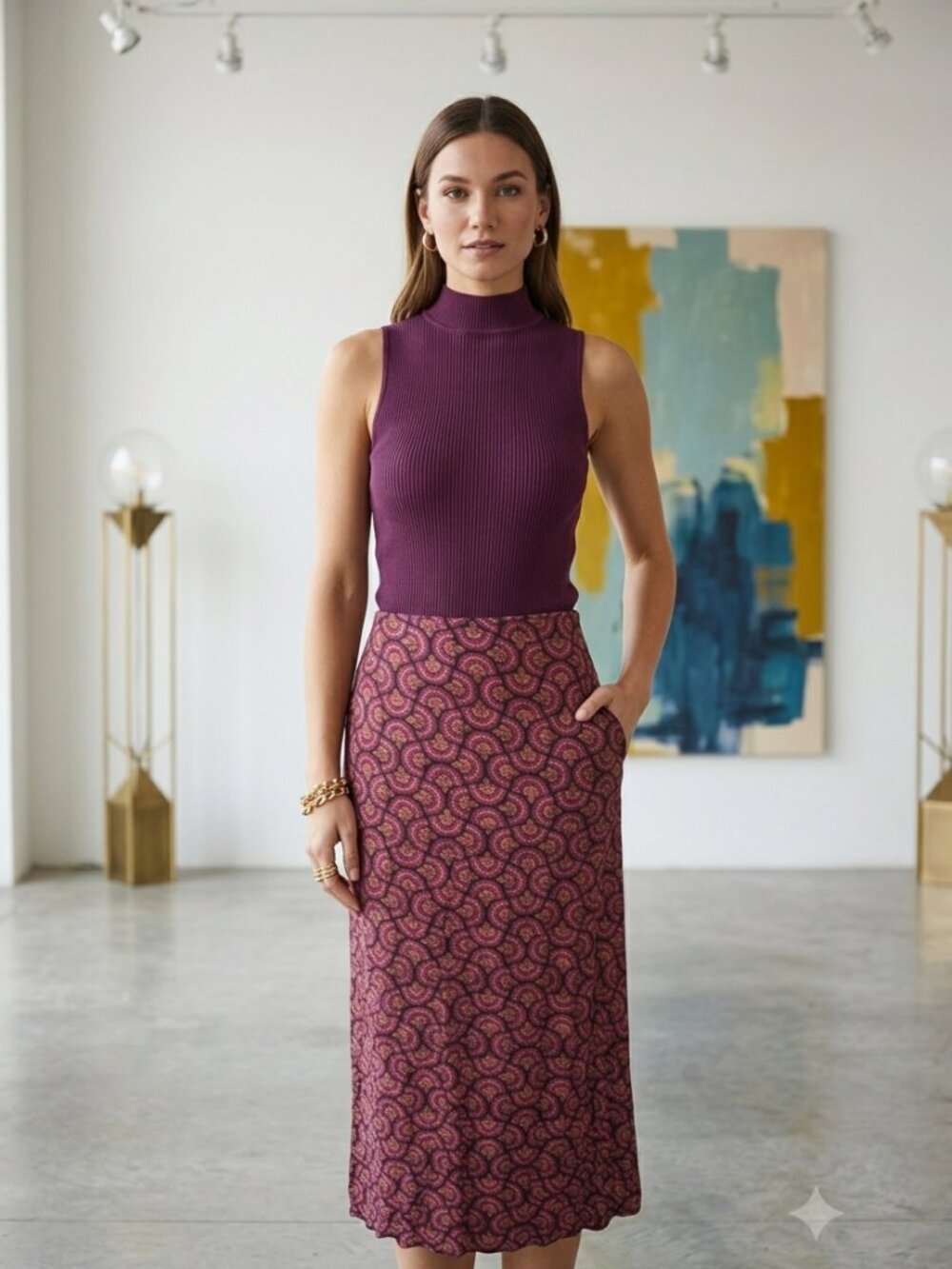 Marine Layer High Waisted Geometric Scallop Midi Slip Skirt Size 2
